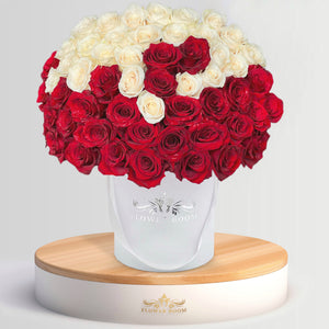 Red and White ombre roses in a white round box