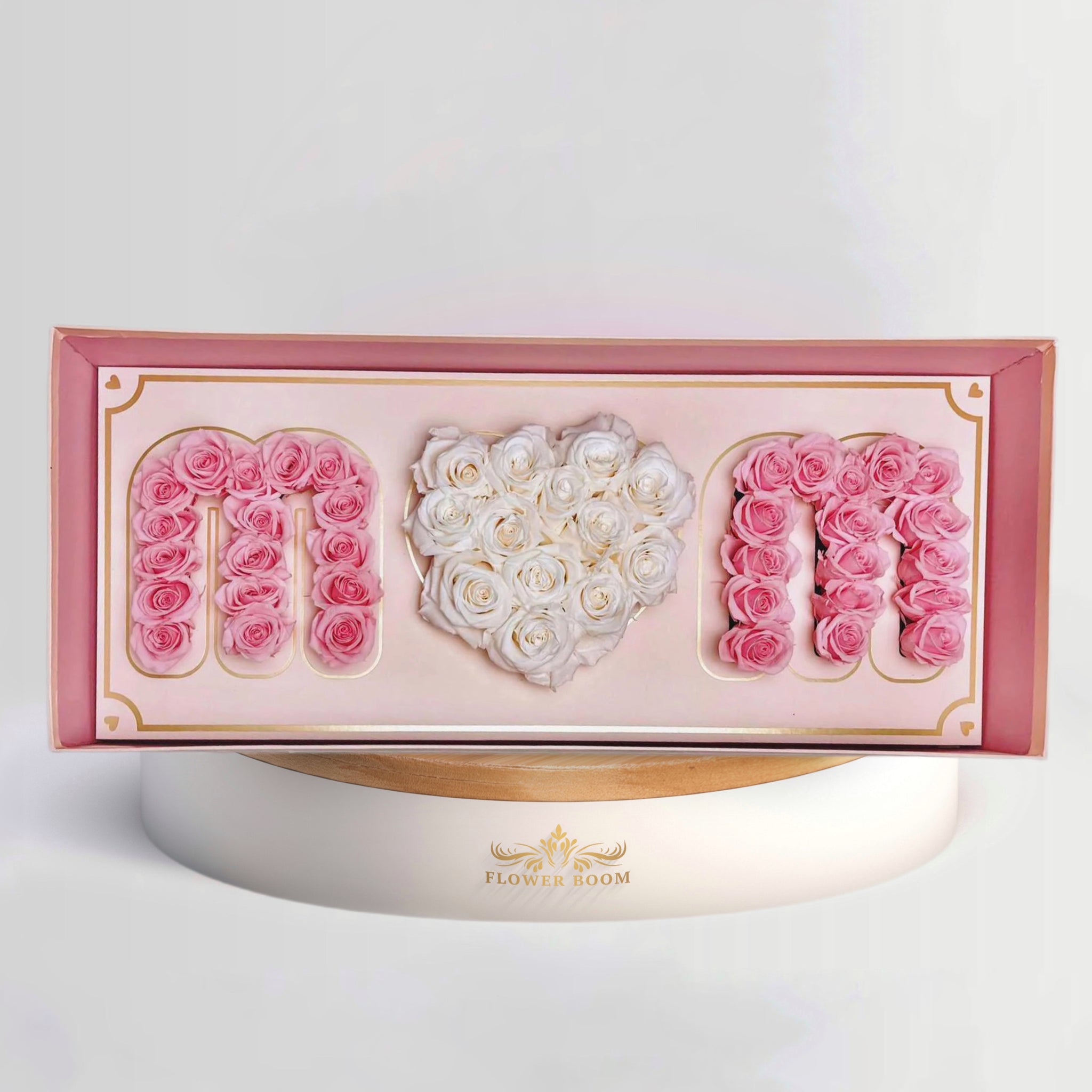 mom box with light pink and white roses