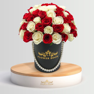 Fresh signature red & white roses In a box