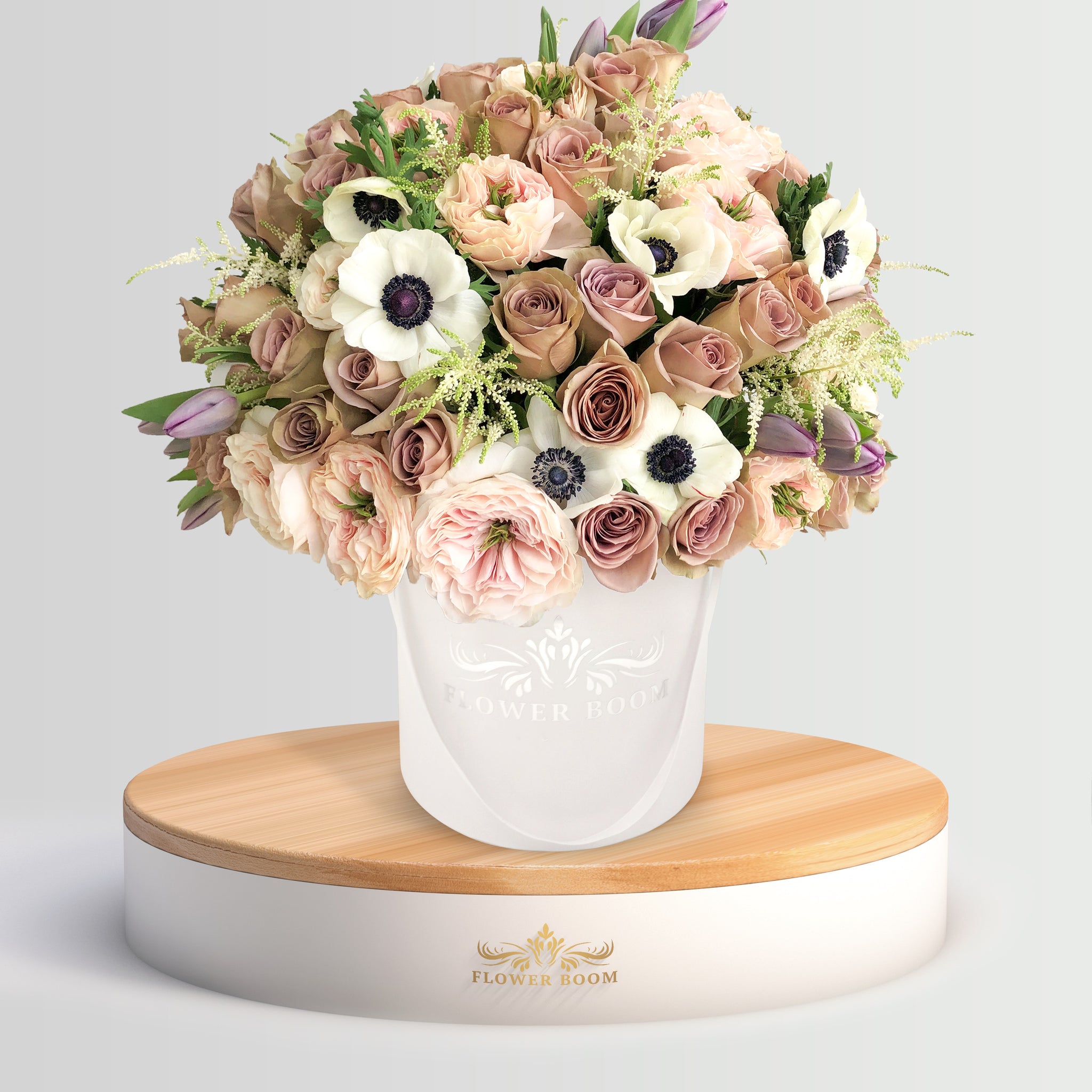 Amnesia roses, Charity garden roses, purple tulips, white Anemones, white Astilbes in a white box