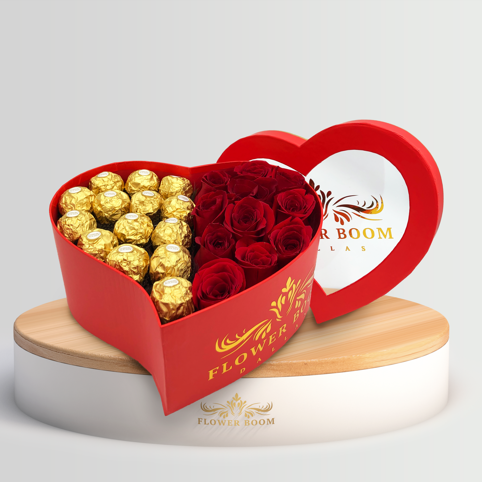 ferrero rocher with red roses in a heart shaped red box