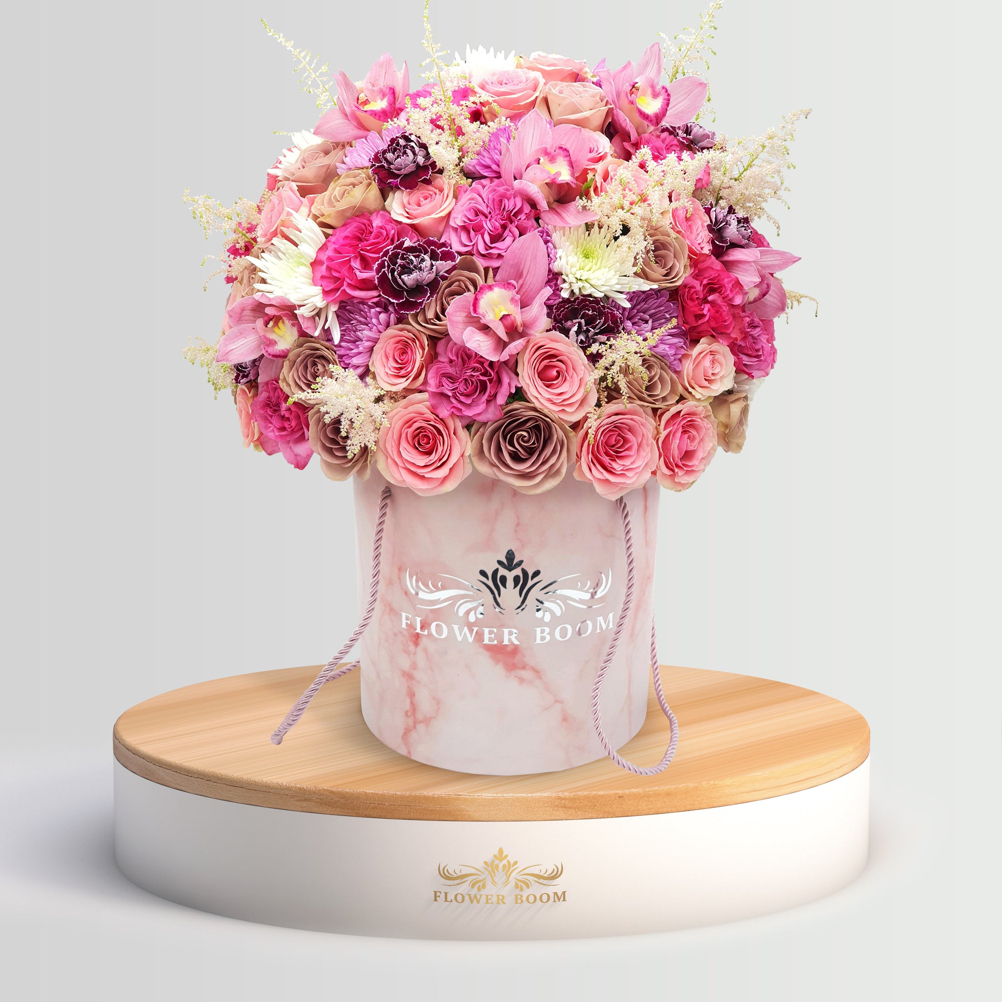 Signature pink roses, dahlias, tulips & other flowers in a box