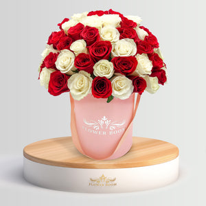 Fresh signature red & white roses In a box